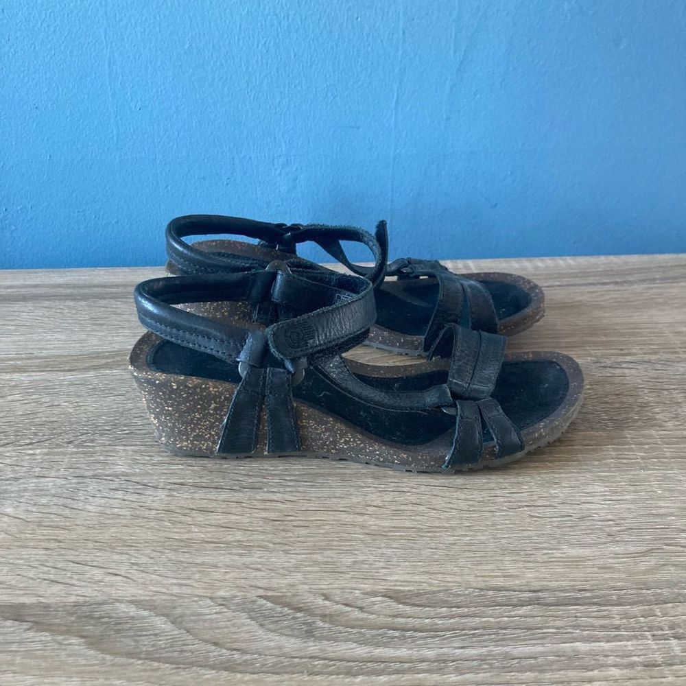 TEVA Ventura Cork Wedge 2 Black Leather Sandals Size 6 Shoes Women